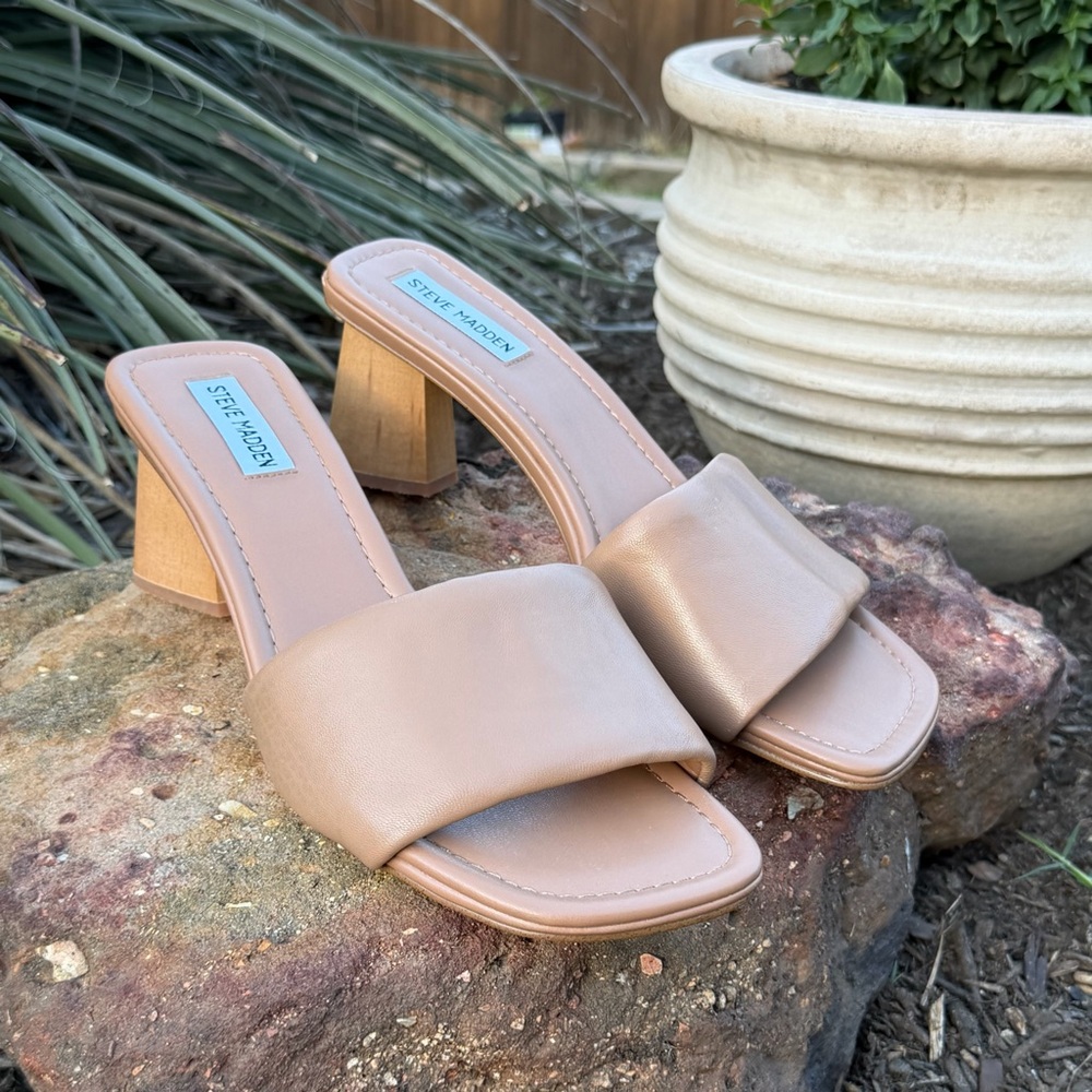 Steve Madden Beige/Taupe Wide Strap Block Heel Mules